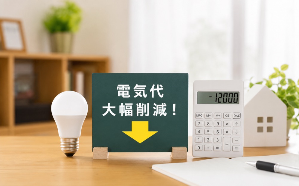 電気代の削減を確認して喜ぶ日本の家族